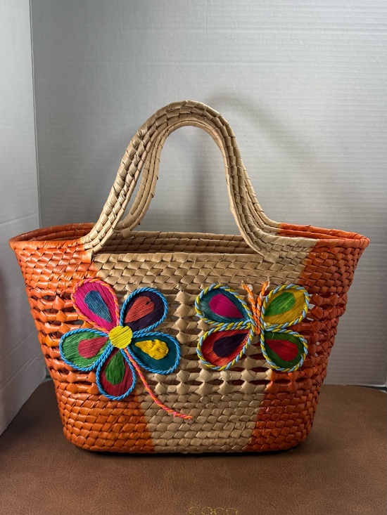 Nobrand Handbags - Orange and Natural Floral Embroidered Straw Tote